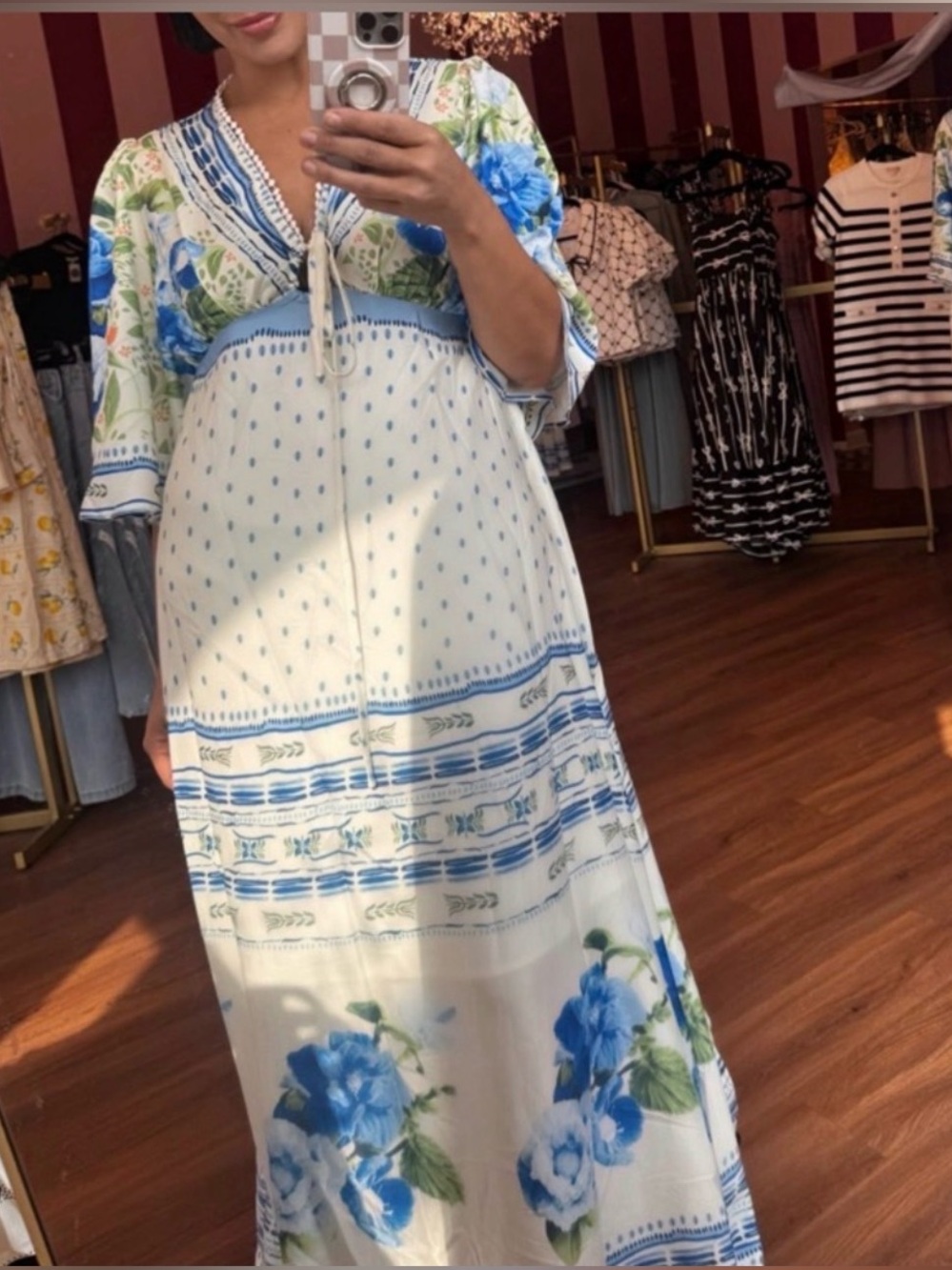 Boho V-Neck Maxi Dress in Blue Floral Print